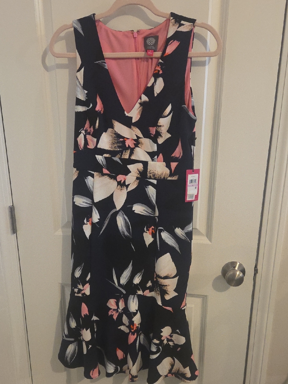 Sleeveless Floral V-Neck Midi Dress in Navy with Pink Lining